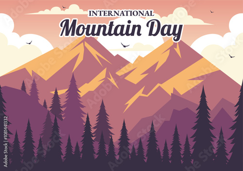 International Mountain Day Vector Illustration Celebrated on December 11, Featuring a Mountain Panorama, Green Valleys, and Trees in a Flat Background