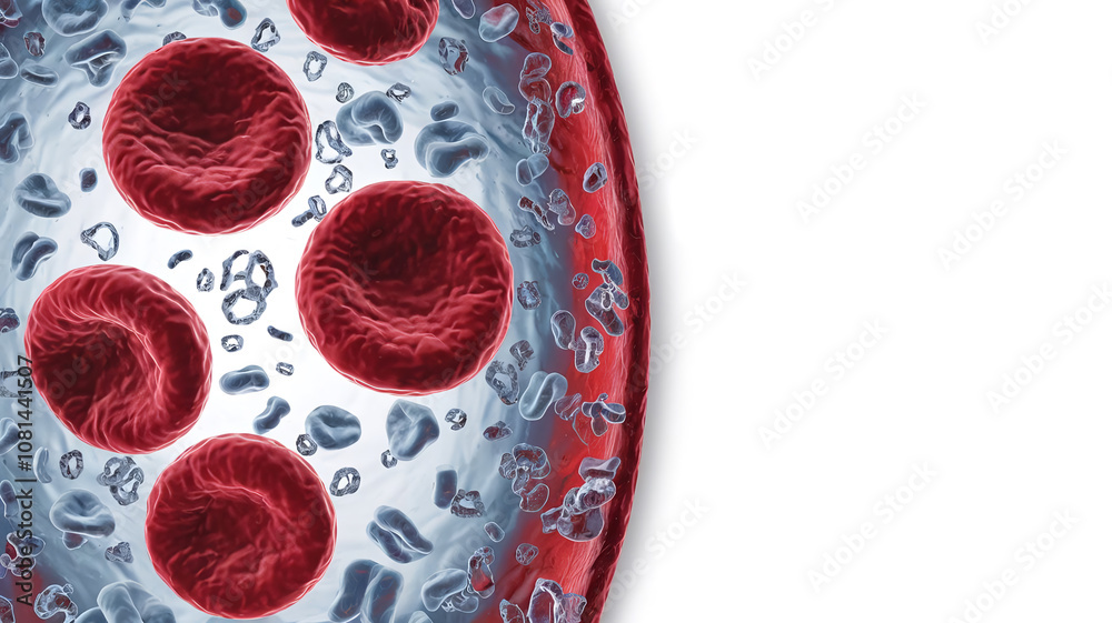 Fototapeta premium Close-up view of human blood cells surrounded by plasma and other cellular components in a scientific illustration