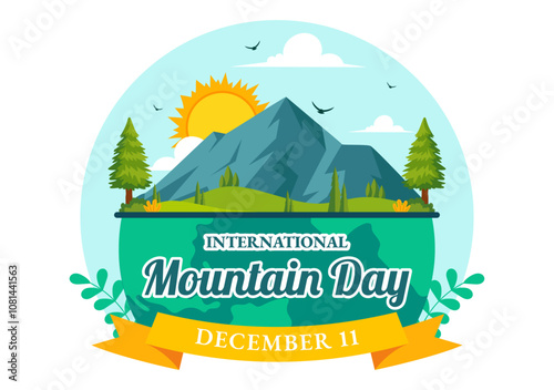 International Mountain Day Vector Illustration Celebrated on December 11, Featuring a Mountain Panorama, Green Valleys, and Trees in a Flat Background