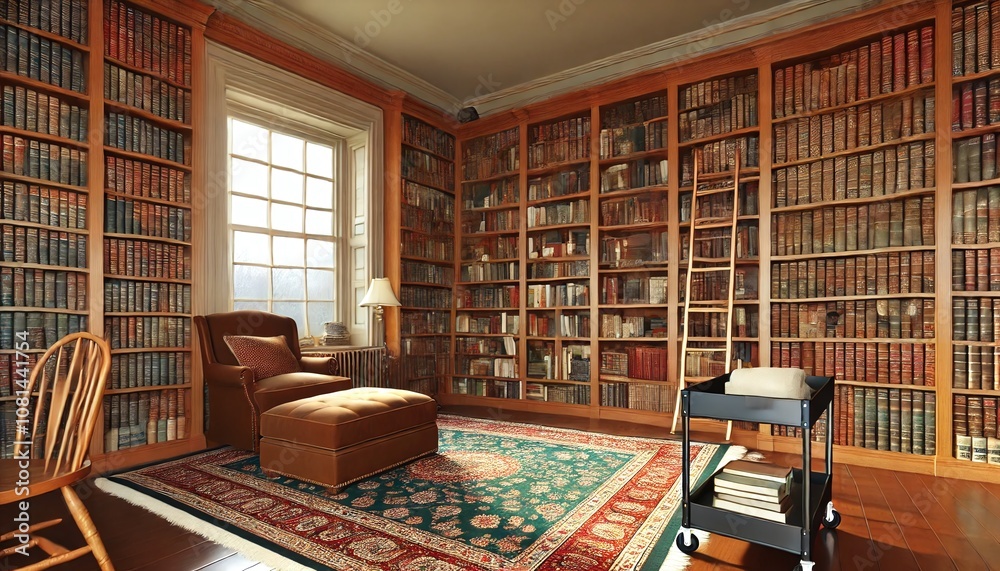cozy library space with floor-to-ceiling bookshelves, a comfortable reading nook by a large window, and a ladder to reach higher shelves. Generative AI cozy library space with floor-to-ceiling bookshelves, a comfortable reading nook by a large window, and a ladder to reach higher shelves. Generative AI