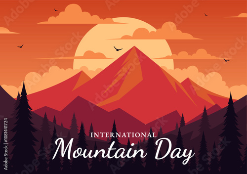 International Mountain Day Vector Illustration Celebrated on December 11, Featuring a Mountain Panorama, Green Valleys, and Trees in a Flat Background