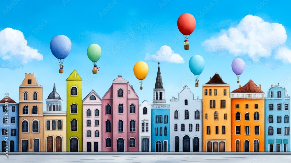 Colorful Town Houses Hot Air Balloons Sky Illustration Colorful Town Houses Hot Air Balloons Sky Illustration