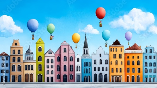 Colorful Town Houses Hot Air Balloons Sky Illustration