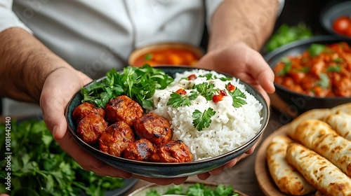 Appetizing homemade dish featuring a bed of fluffy white rice topped with savory braised meat and a vibrant assortment of fresh vegetables herbs and spices