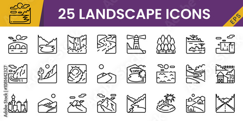 25 Landscape icons in line style including beach, ocean, waterfall, river, mountain, farm, forest, etc. For tourism and holidays.