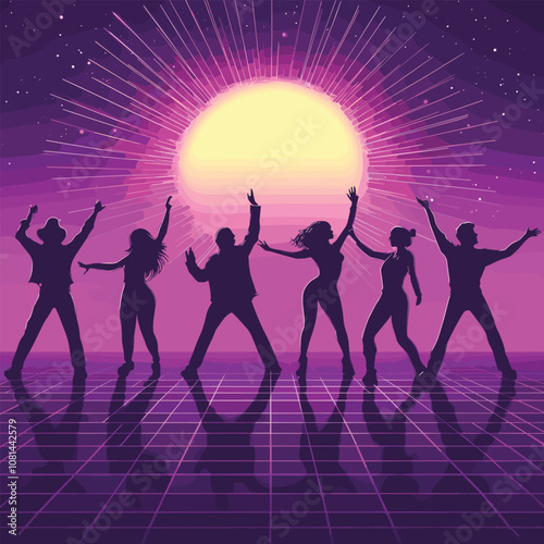 Retro Dance Party Silhouettes with Neon Lights
