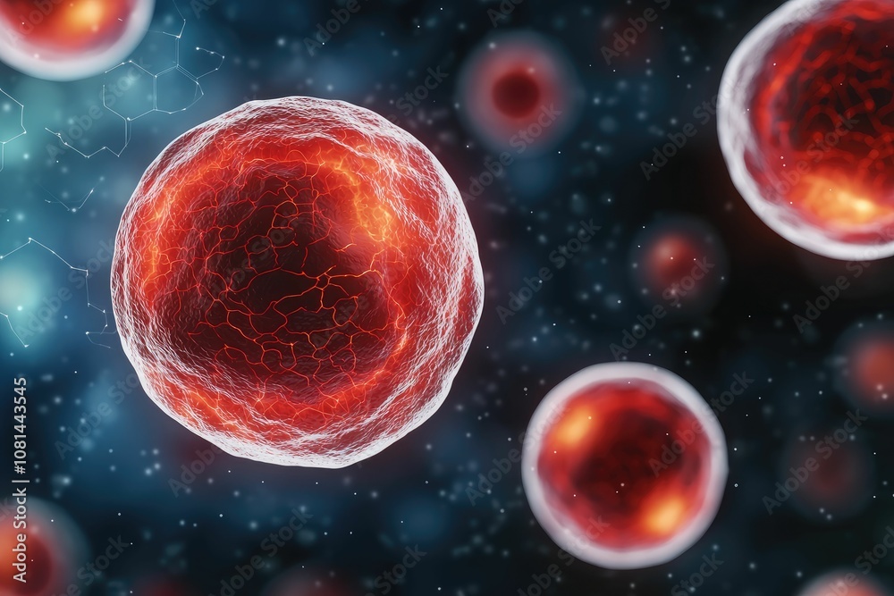 Naklejka premium biotechnology and genetics concept, A microscopic view of vibrant red biological cells exhibiting a spherical shape against a blurred blue background.