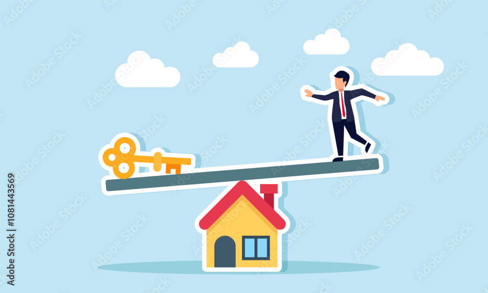 Fototapeta premium A board sits atop a house like a seesaw with a businessman on one end and a key on the other, illustration of a solution to balance business property assets
