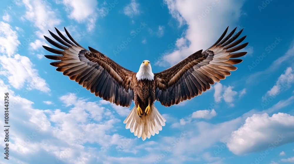Naklejka premium Majestic Bald Eagle Soaring High in a Blue Sky with Fluffy Clouds
