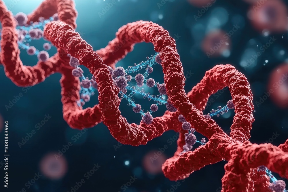 biotechnology and genetics concept, A close-up view of a red DNA double helix structure, highlighting its molecular intricacies and the surrounding cellular environment. biotechnology and genetics concept, A close-up view of a red DNA double helix structure, highlighting its molecular intricacies and the surrounding cellular environment.