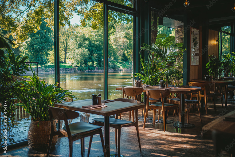 Fototapeta premium Stylish, superb view, riverside restaurant, riverside cafe.