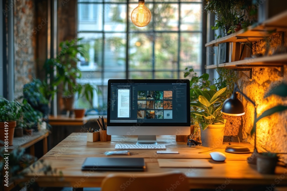 A modern workspace with a computer, plants, and natural light.