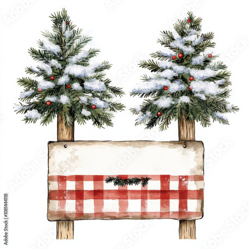 Winter scene with two snowy pine trees and rustic wooden sign featuring red and white checkered pattern, perfect for holiday decorations