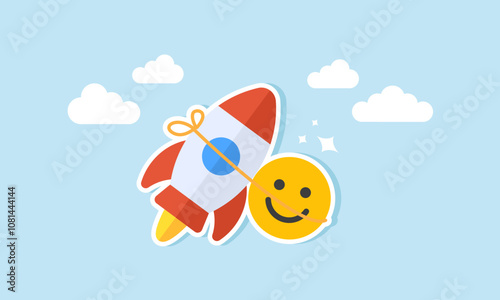 A smiling emoticon tied with a rope to a rocket soaring into the sky, illustration of boosting business engagement to enhance market appeal