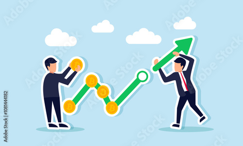 Businessmen collaborate to arrange a rising green chart with a bitcoin symbol, illustration of teamwork in boosting bitcoin valuation and asset growth