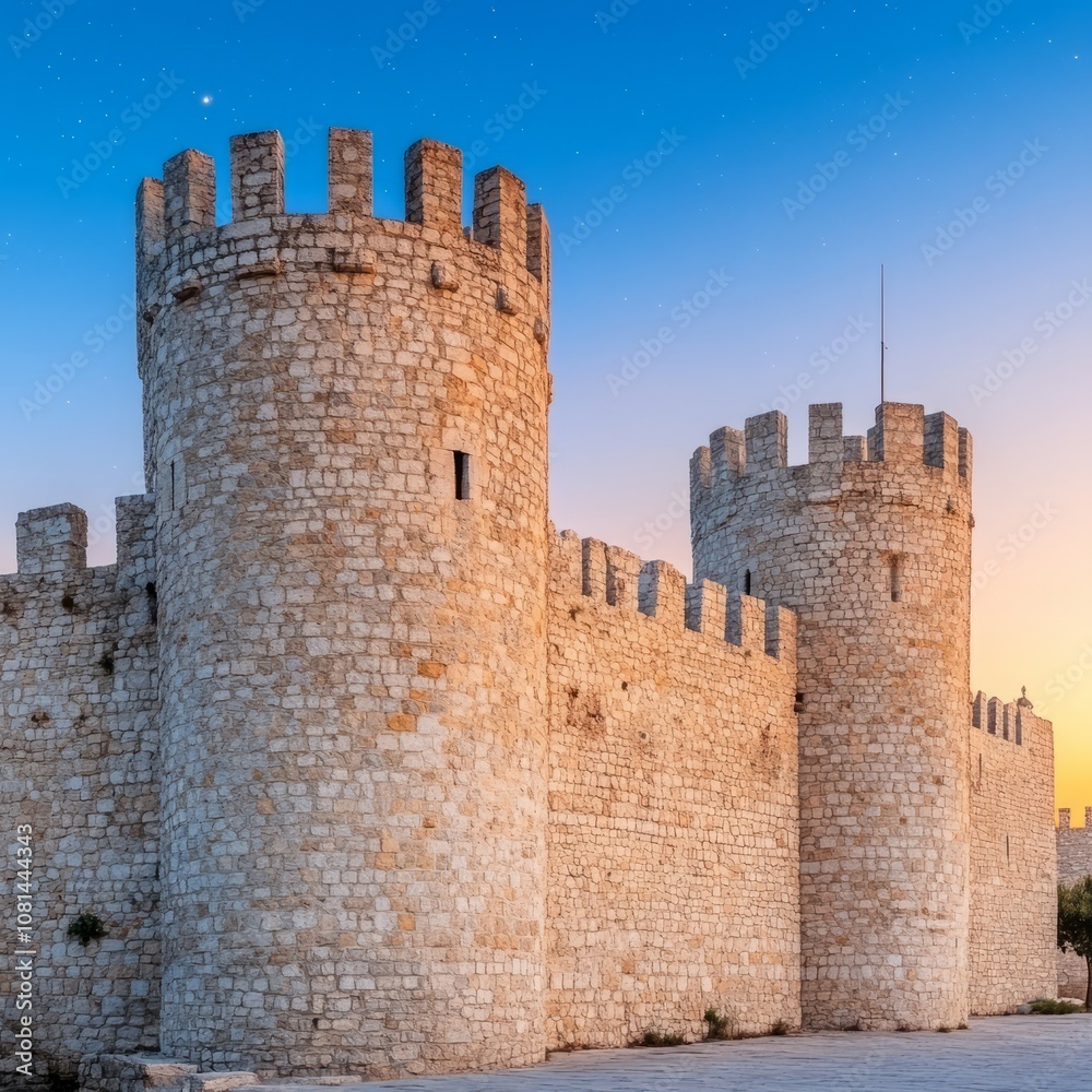 Majestic stone castle towers against a clear twilight sky. Majestic stone castle towers against a clear twilight sky.