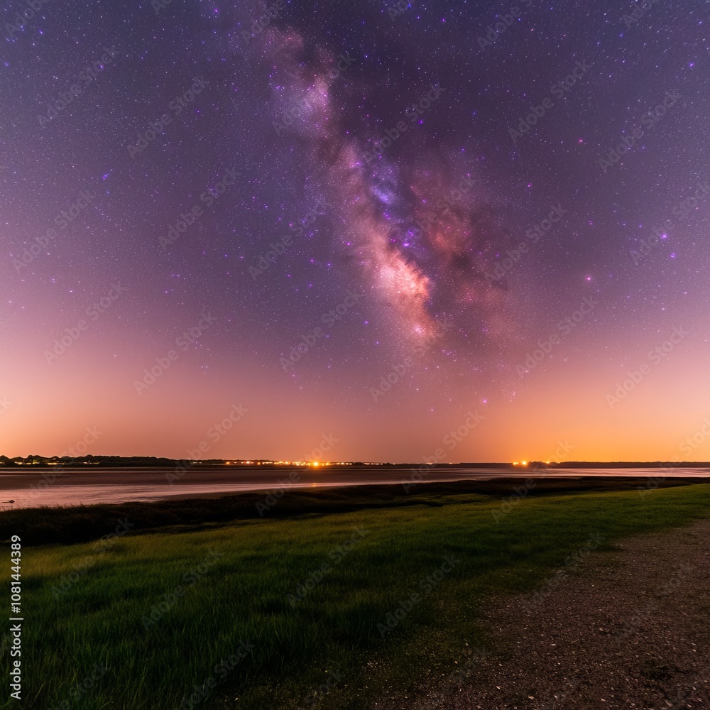 Milky Way galaxy over a grassy shore at night.