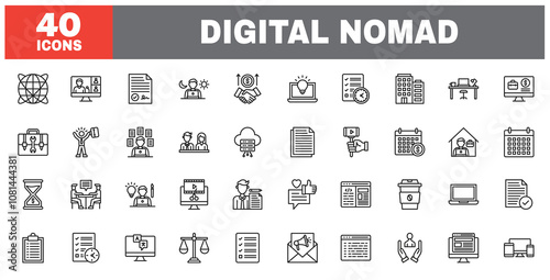 Set of 40 line icons digital nomad. Outline icon collection. Editable stroke. Vector illustration.
