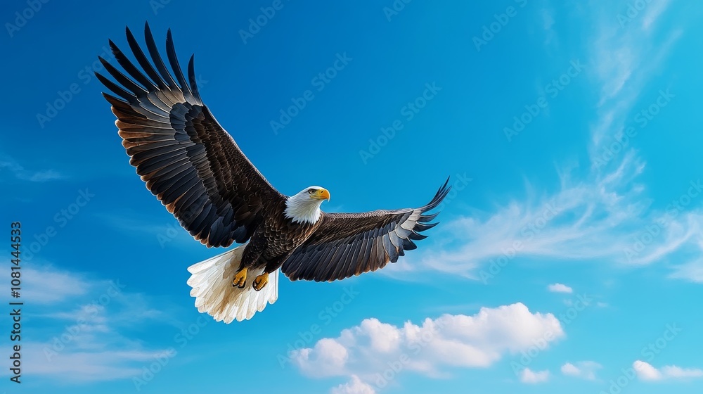 Fototapeta premium Majestic Bald Eagle Soaring High in Blue Sky with Clouds
