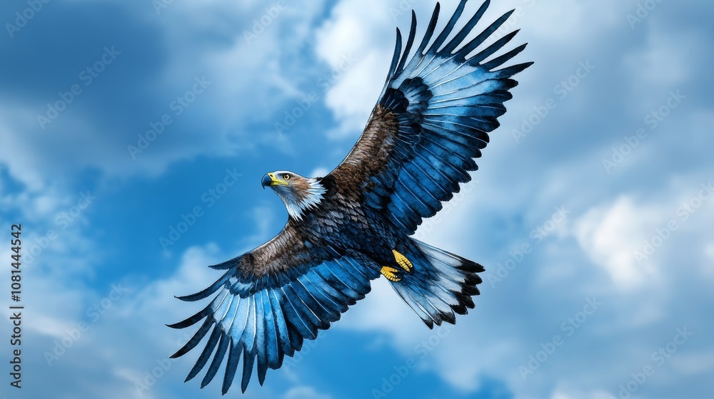 Obraz premium Majestic Eagle in Flight Blue Wings Sky Clouds Background