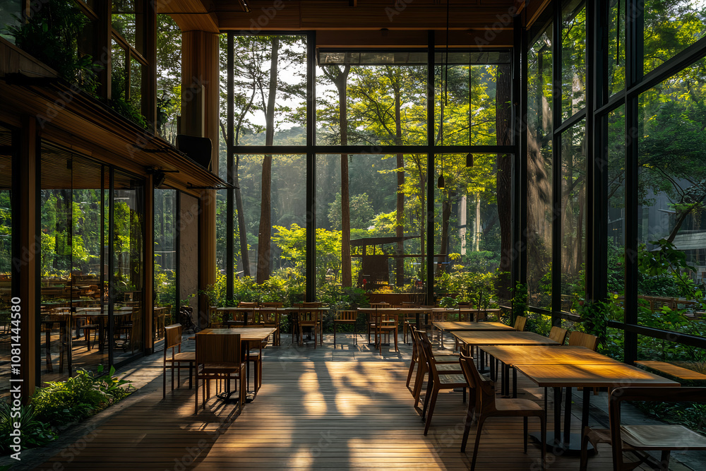 Fototapeta premium Stylish, superb view, forest restaurant, forest cafe.