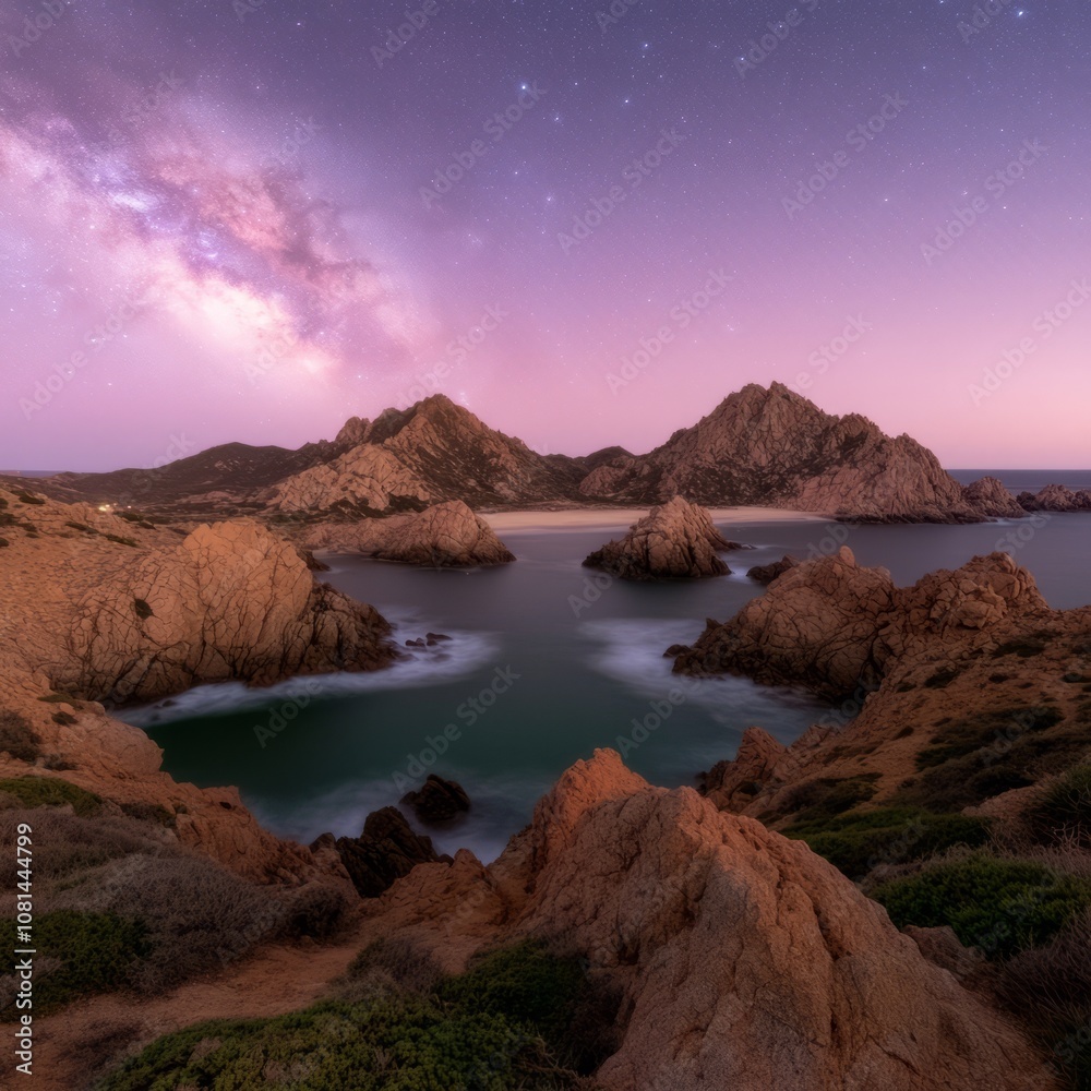 Milky Way shines over a secluded beach and rocky coastline at night.