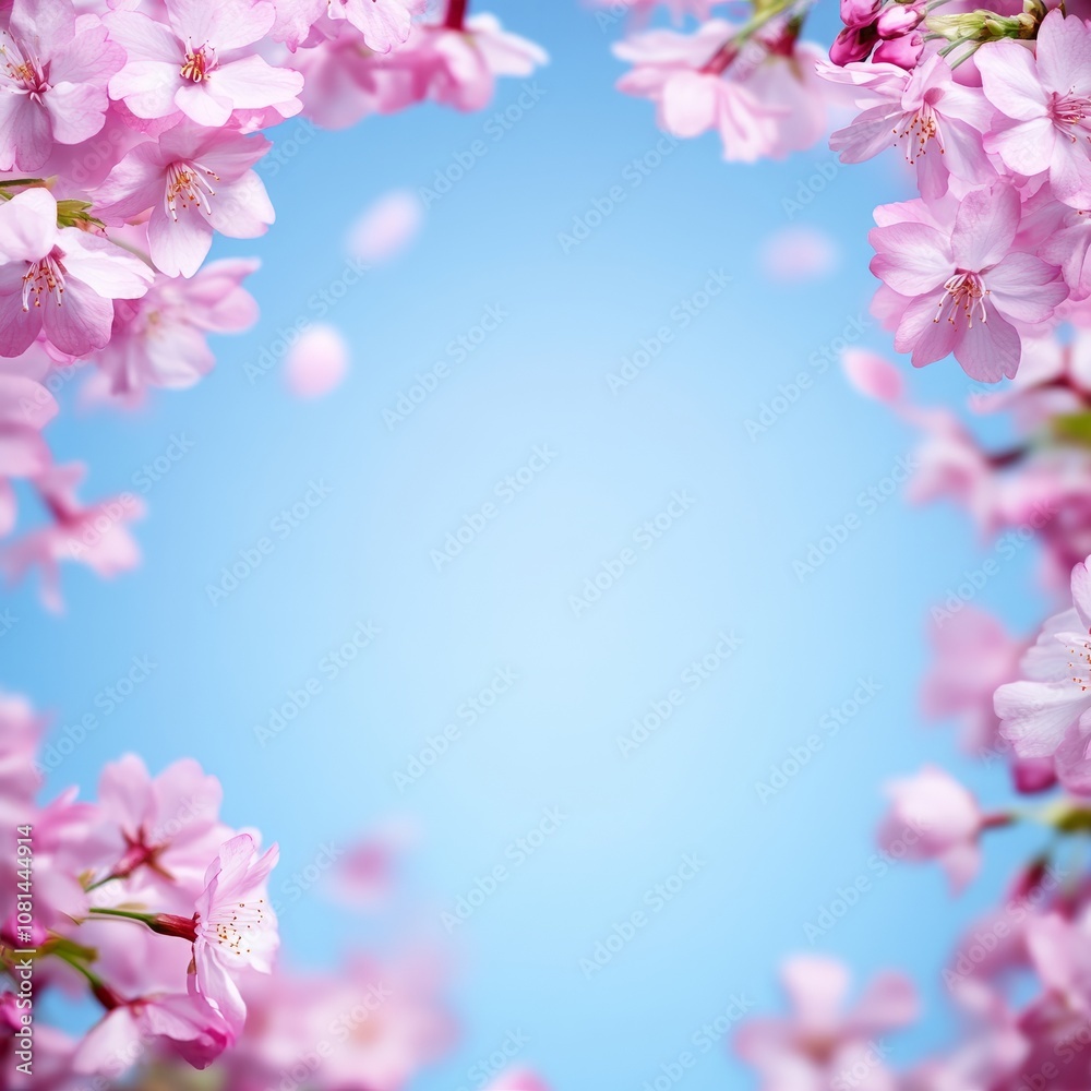 Naklejka premium Pink cherry blossoms frame a blue sky background with falling petals.