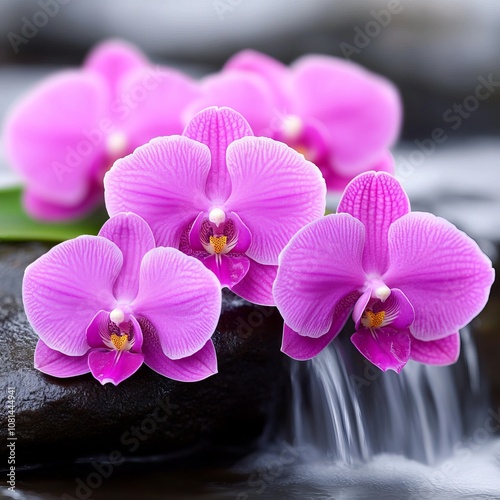 Pink orchid flowers on smooth, wet stones by a small waterfall.
