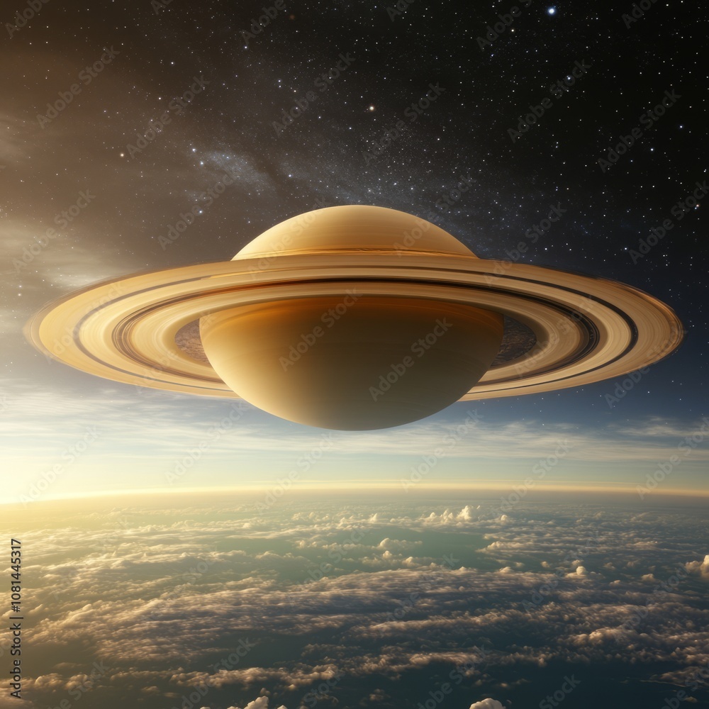 Saturn, the ringed planet, seen from a distant moon with a cloudy atmosphere and a starry sky. Saturn, the ringed planet, seen from a distant moon with a cloudy atmosphere and a starry sky.