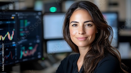 Free Download Confident and focused professional woman analyzes financial market trends and investment opportunities on multiple computer screens in a modern office workspace  She is a business leader - GFXLoad
