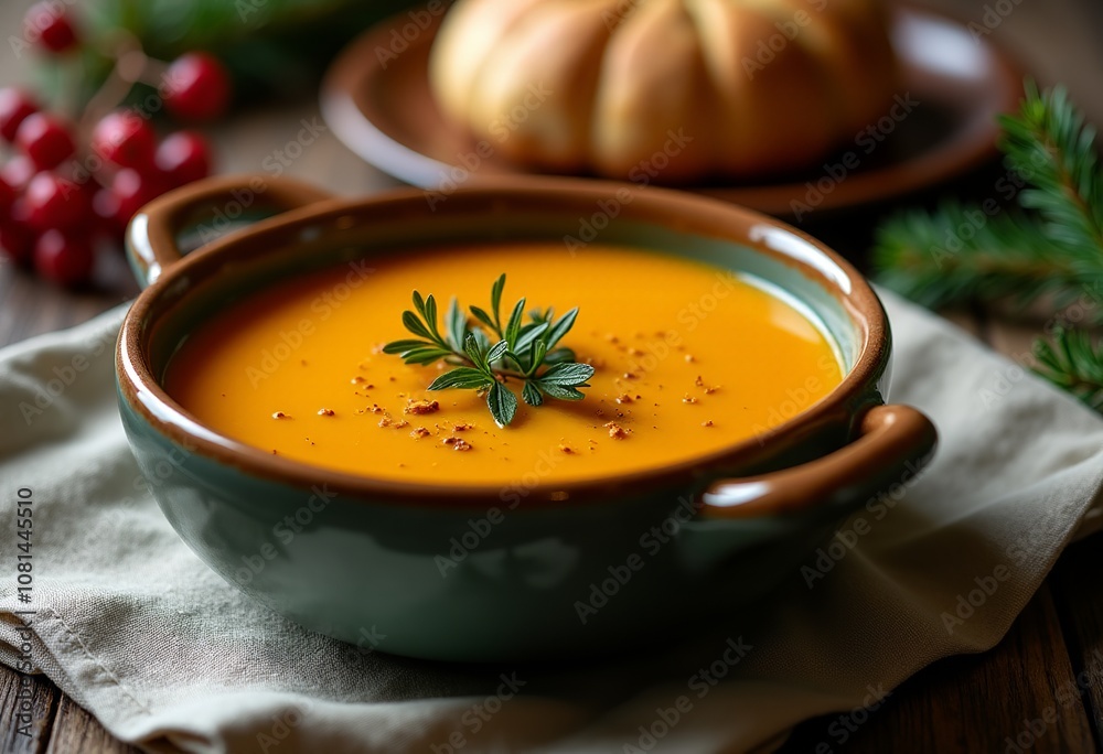 Artisan Pumpkin Soup Presentation: Creamy Soup in a Rustic Ceramic Bowl Surrounded by Cranberries and Pine for a Cozy Winter Mood
Artisan Pumpkin Soup Presentation: Creamy Soup in a Rustic Ceramic Bowl Surrounded by Cranberries and Pine for a Cozy Winter Mood