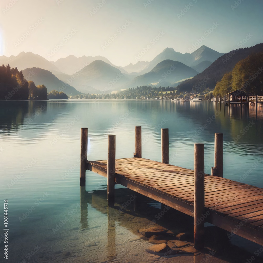 Calm lakeside scene with a wooden pier and mountains in the background Calm lakeside scene with a wooden pier and mountains in the background