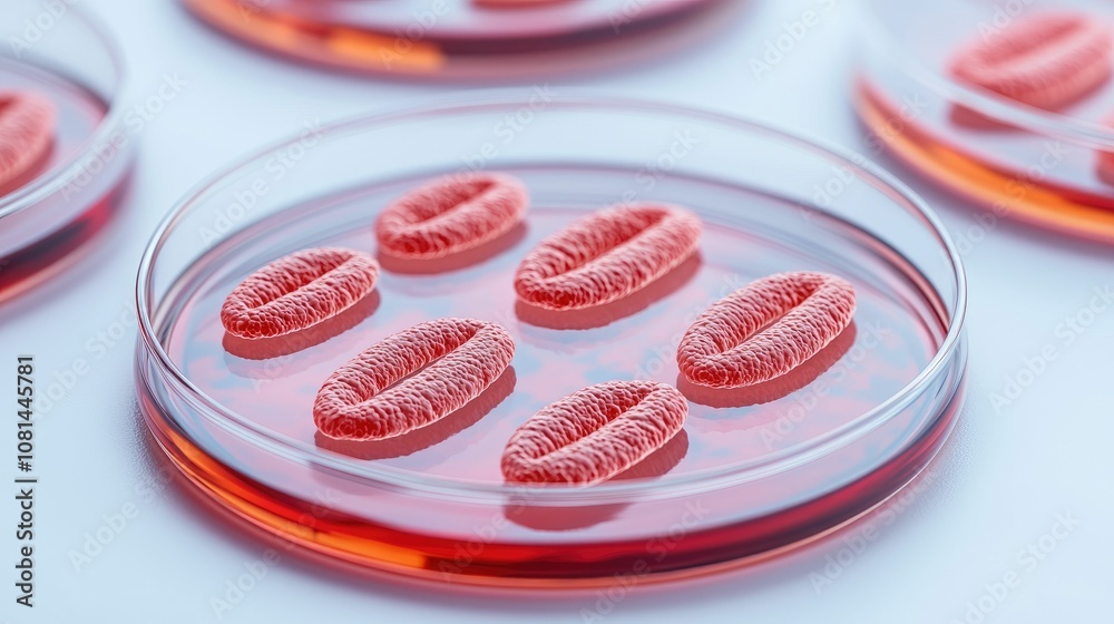 biotechnology and genetics concept, A close-up of a petri dish containing red-colored cellular formations, illustrating biological or experimental processes in a laboratory setting. biotechnology and genetics concept, A close-up of a petri dish containing red-colored cellular formations, illustrating biological or experimental processes in a laboratory setting.