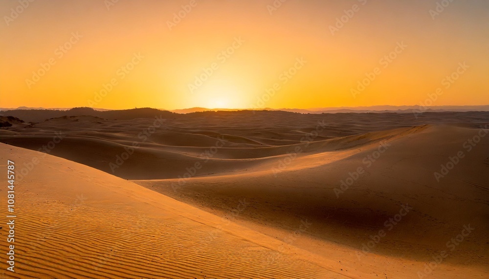 Vivid Sunset Over a Vast Desert Landscape, With Sand Dunes Rolling Into the Distance and Shadows Stretching Across the Golden Sands, Under a Deep Orange Sky Vivid Sunset Over a Vast Desert Landscape, With Sand Dunes Rolling Into the Distance and Shadows Stretching Across the Golden Sands, Under a Deep Orange Sky