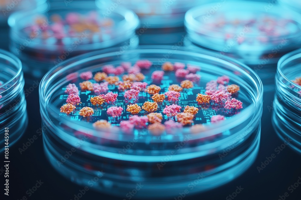 biotechnology and genetics concept, A close-up of colorful microorganisms in petri dishes, showcasing vibrant patterns and scientific exploration in a laboratory setting. biotechnology and genetics concept, A close-up of colorful microorganisms in petri dishes, showcasing vibrant patterns and scientific exploration in a laboratory setting.