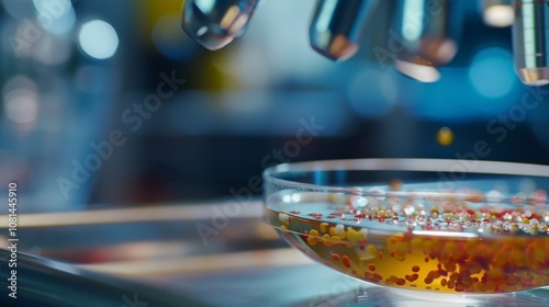 Close-up of colorful microscopic gut bacteria colonies in a petri dish on a lab table, representing microbiology research and health science concepts. 