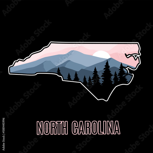 North Carolina Forest Silhouette and Mountain Perfect for Print, Apparel, Sticker