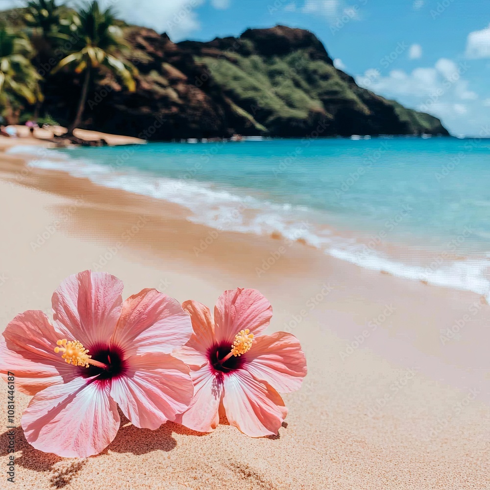 Two pink hibiscus flowers on a white sandy beach with blue ocean and green mountains in the background. Two pink hibiscus flowers on a white sandy beach with blue ocean and green mountains in the background.
