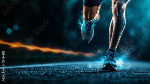 A close up of the running shoes and muscular legs, illuminated by dynamic lighting against an outdoor night background. Energy and determination concept. Sport.
