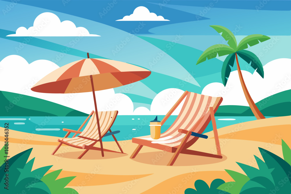 Canvas chairs with parasol on a beautiful beach Canvas chairs with parasol on a beautiful beach