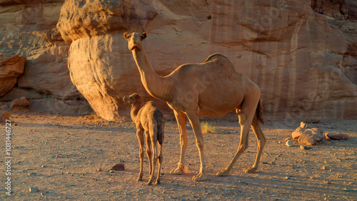 Adult and child camel in Saudi Arabian desert at sunset