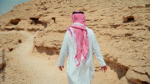 Saudi Arabian man walking on narrow dirt road near rocky area