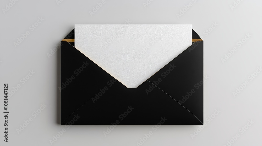 Professional overhead view, with a white blank card placed on a black envelope and gold foil edges, placed on a flat white background to create a simple and elegant stationery design Professional overhead view, with a white blank card placed on a black envelope and gold foil edges, placed on a flat white background to create a simple and elegant stationery design