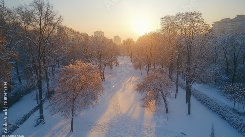 Aerial view of a snowy park at sunrise, with trees, a pathway, and a city skyline in the distance.