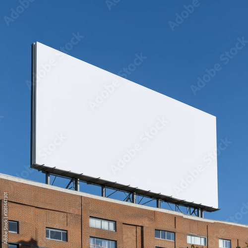 blank billboard against clear blue sky, ideal for advertising. structure is mounted on brick building, providing perfect canvas for promotional content photo