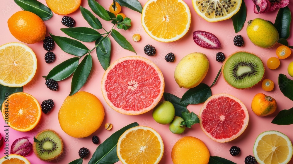 Assorted fruits with leaves on pink background