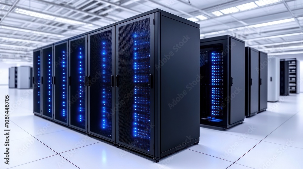 Data center with server racks illuminated by blue lights. Data center with server racks illuminated by blue lights.