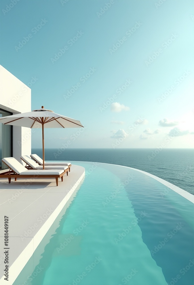 Obraz premium Experience Oceanfront Luxury: Stunning Infinity Pool, Circular Sunbeds, and Clean White Architecture at a High-End Resort 