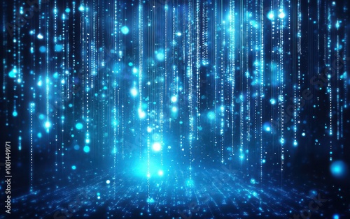 A dark blue background featuring glowing digital dots of light in the foreground, symbolizing the interconnectivity and data-driven nature of modern technology. 