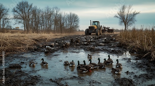 A group of ducks playing in a large mud puddle, with farm equipment visible in the background photo